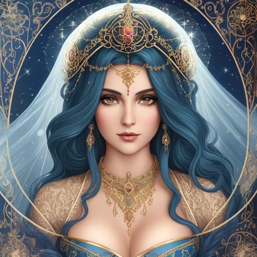 Prompt: Art nouveau, 4/4 view of Tamina princess of Persia, ((intricate long flowing julia sets fractal balayage hair)), (filigree hair decoration),  detailed skin, extremely detailed face with eyes and iris, luxury jewelry, full color stained glass halo, sparkling veils, ethereal, luminous, fireflies, forest full color fractal p(z) = cosh z - 1 background, glowing, nebulas, galaxies and bright stars, celestial, trails of light, sparkles, 3D lighting, celestial, gold filigree, soft light, vaporwave, fantasy