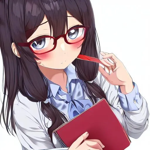 Prompt: A cute anime schoolgirl with glasses, holding books, and a bandaid on their nose