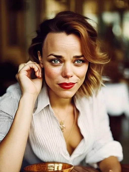 Prompt: woman sitting at a table, honey - colored eyes, hyperrealism photo, rachel mcadams, with spikey short brown hair, bekinski, showing forehead, smoking very thin big cigar, russian, eternal beauty, ivory