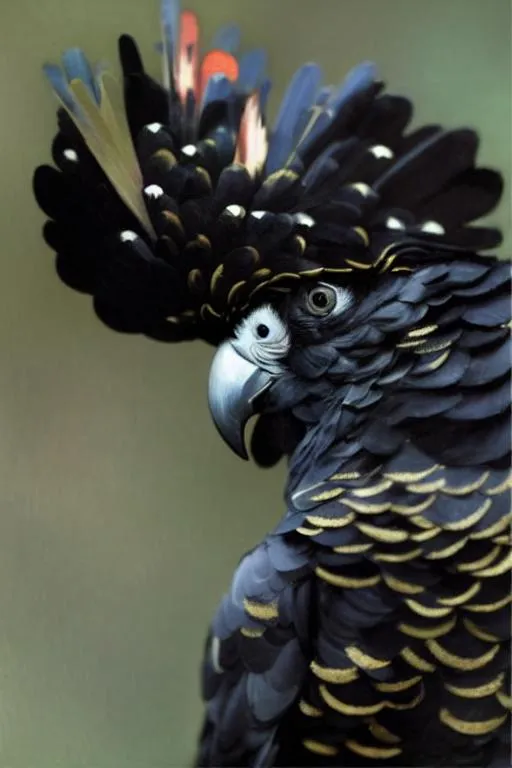 Prompt: Sparkling. A red tailed black cockatoo, portrait.  Art by van Gogh, Ivan Bilibin, Xuan Loc Xuan, Dee Nickerson, pieter aertsen, robert bissell. Add Shimmering. 3d. Very clear resolution. Highly detailed.