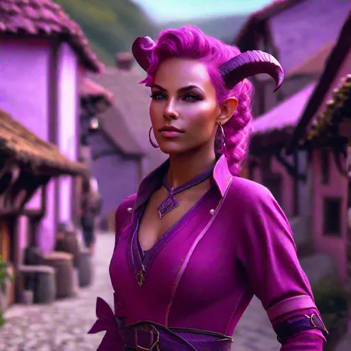 Prompt: D&D pink skinned tiefling female with small curved horns,  walking through a village, highly detailed, professional, render, Sharp focus, HD, UHD, HDR, hyper realistic, amethyst colored clothing