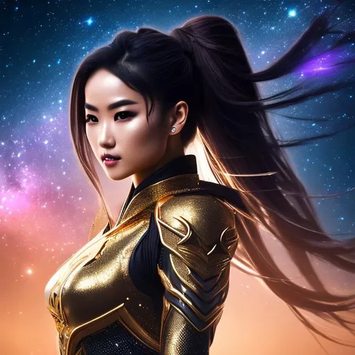 Prompt: create photograph of beautiful female ninja who is wearing bright gold futuristic ninja suit,  night time and beautiful sky  space and planets an nebulae in sky highly detailed, detailed face, extremely detailed environment, extremely detailed background, extremely detailed skin, extremely detailed clothing, natural colors , professionally color graded, photorealism, 8k, realistic, moody lighting, galactic environment, volumetric lighting