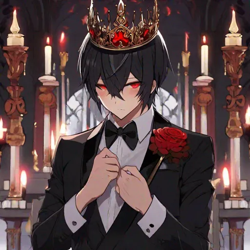 Prompt: Damien  (male, short black hair, red eyes) demon form, wearing a tuxedo, standing at the altar, biting his lip seductively, wearing a crown, holding a knife
