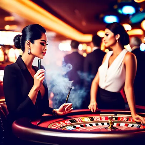 Prompt: women smoking a cigarette in a casino