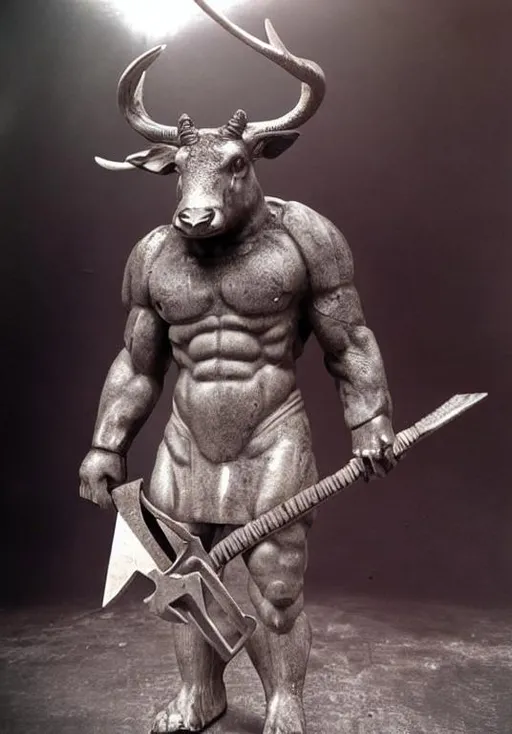 Prompt: Stag-Headed Minotaur with and axe in the AD&D black and white styl