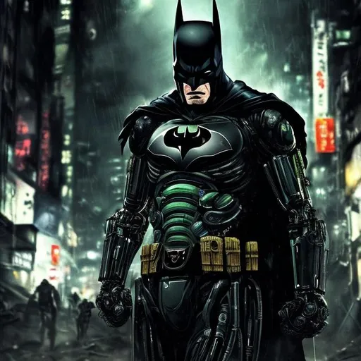 Prompt: Very dark black, gold and green evil distant future bionic enhanced batman. Super soldier. Accurate. realistic. evil eyes. Slow exposure. Detailed. Dirty. Dark and gritty. Post-apocalyptic Neo Tokyo. Futuristic. Shadows. Sinister. Armed. Fanatic. Intense. 