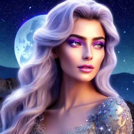 Prompt: HD 4k 3D 8k professional modeling photo hyper realistic beautiful woman ethereal greek goddess of the moon
lavender hair gray eyes gorgeous face pale skin shimmering dress with sequins shiny jewelry and diadem full body surrounded by magical glowing moonlight hd landscape background personification of the moon