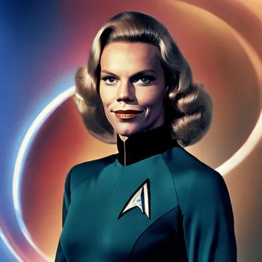 Prompt: A portrait of Honor Blackman, wearing a Starfleet uniform, in the style of "Star Trek the Next Generation."