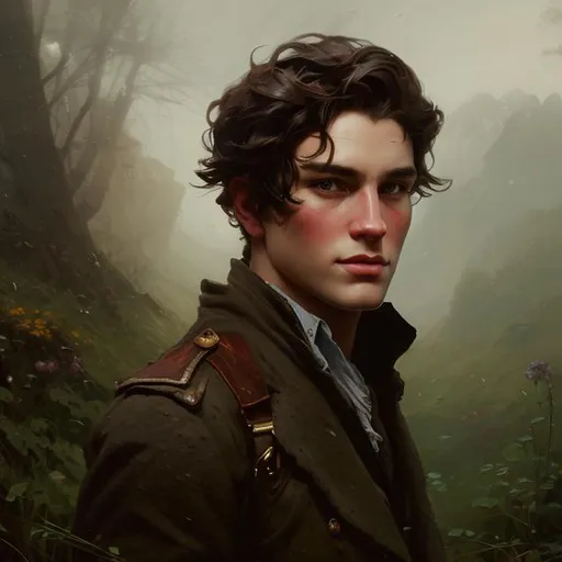 Prompt: Splash art portrait of ruggedly handsome, androgynous, dark brown haired man with short hair, stubble, 30 years old, in the Irish countryside, victorian light clothes, elegant, highly detailed, intricate, smooth, sharp focus, artstation, digital painting, concept art, art by greg rutkowski, alphonse mucha and John William Waterhouse, light, romantic, happy, soft, gentle, golden, warm, summer