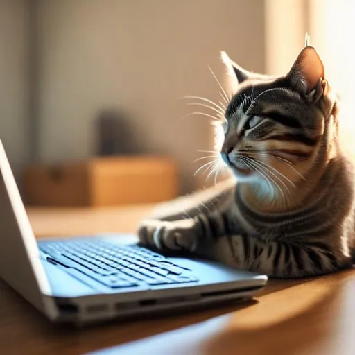 Prompt: A cat using computer and smiling 