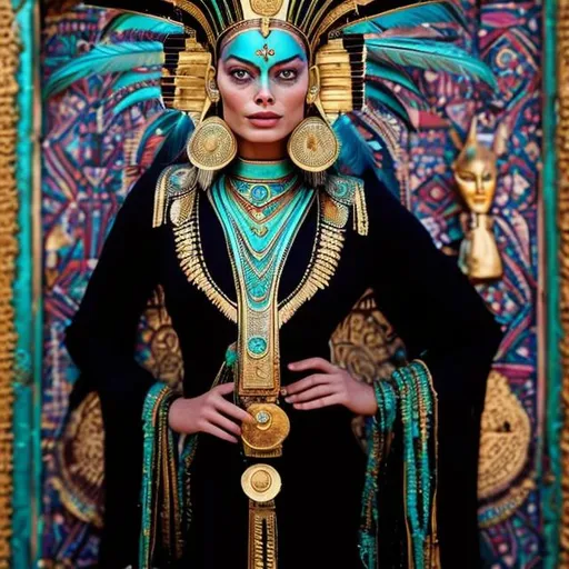 Prompt: beautiful margot robbie, indian face paint, pharoah, tall, turquoise robe with gold details, blue, green, gold, diamonds