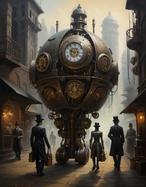Prompt: Chiaroscuro, a oil painting of a futuristic clockwork city, people in 1840's clothing, robot servants carrying things, steam punk vibe, 