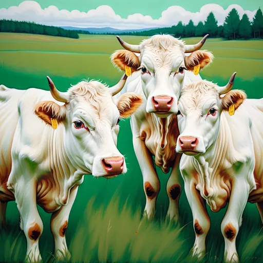 Prompt: a stylized acrylic painting of a trio of white furry cows, looking at you with curious eyes, in emerald-colored fields.