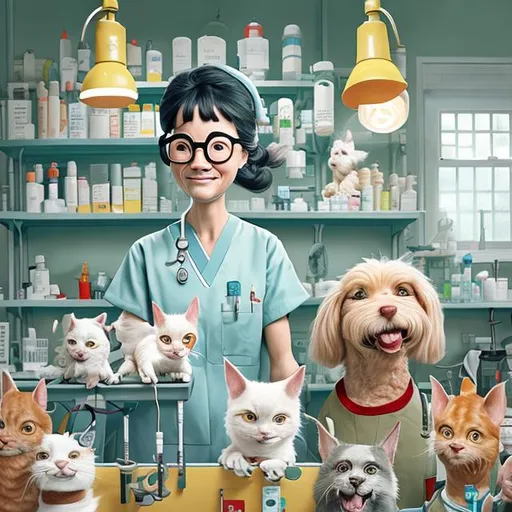 Prompt: close-up of smiling veterinary technician in veterinary clinic, with dogs en cats, high detailed, inspired by mo willems + anton pieck + atey ghailan + richard scarry + ashley wood + james jean, cartoon, watercolor splashes,  in style of disney pixar