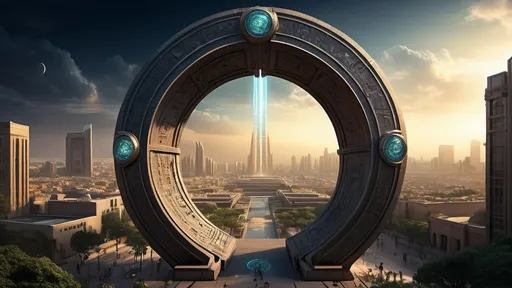 Prompt: magical portal between cities realms worlds kingdoms, circular portal, ring standing on edge, upright ring, freestanding ring, hieroglyphs on ring, complete ring, ancient babylonian architecture, gardens, hotels, office buildings, shopping malls, large wide-open city plaza, panoramic view, dark night, futuristic cyberpunk tech-noir setting