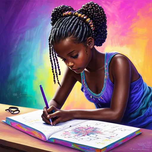 Prompt: Please produce an illustration of a beautiful black girl writing math problems with sidewalk chalk, brown skin color, with pigtails, beads, outside, daytime, background, high quality, trending art, trending on art station, sharp focus, studio photo, intricate details, highly detailed, UHD, HDR, 8K, ((Masterpiece))