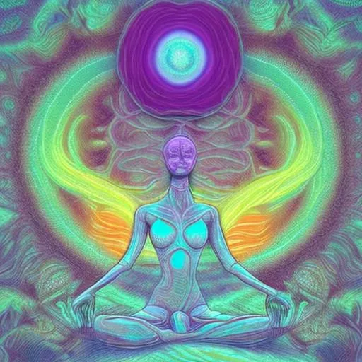 Prompt: meditating girl receiving energy streams from multiple alien entities, psychedelic art