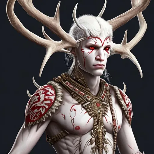 Prompt: Full body digital fantasy art of an albino indigenous male warrior with red eyes and deer antlers coming out of his head. No antlers on his arms.