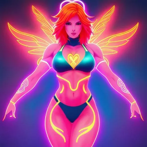 Prompt: flame goddess, full body, front,  glowing tattoos, plasma orange hair, female, illustration, portrait, (athletic body), (pink skin), (long legs), perfect body, perfect face, fairy, neon colors, muscle woman