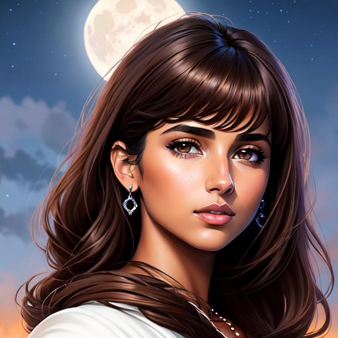 Naomi Scott with moon background, parted bangs, brow... | OpenArt