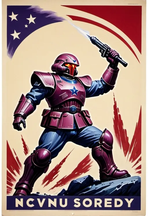 Prompt: "Design a 1940s-style propaganda poster depicting a powerful red TR (Terran Republic) soldier crushing and defeating the blue NC (New Conglomerate) and purple VS (Vanu Sovereignty) enemies. The TR soldier should be bold, dynamic, and dominant, using classic wartime imagery like a powerful fist or boot. The VS and NC soldiers should appear weak and defeated under the force of the TR. Include a short slogan at the top in bold, vintage typography: 'Victory Through Strength.' Use a muted, retro color palette with an emphasis on red for the TR, while the VS and NC colors should be subdued and secondary."