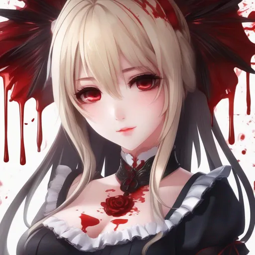 Prompt: 3d anime woman cute innocent covered in blood blonde hime hair and red eyes and beautiful pretty art 4k full HD