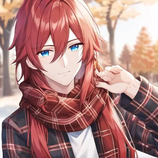 Prompt: Zerif 1male (long Red side-swept hair covering his right eye, blue eyes), highly detailed face, UHD, wearing a cozy flannel shirt and a pair of stylish jeans. In the park, fall.  wearing a scarf, looking up at the sky, in a pumpkin patch,  young adult. Handsome,  detailed, UHD, HD, 4K, highly detailed, red haze, masculine