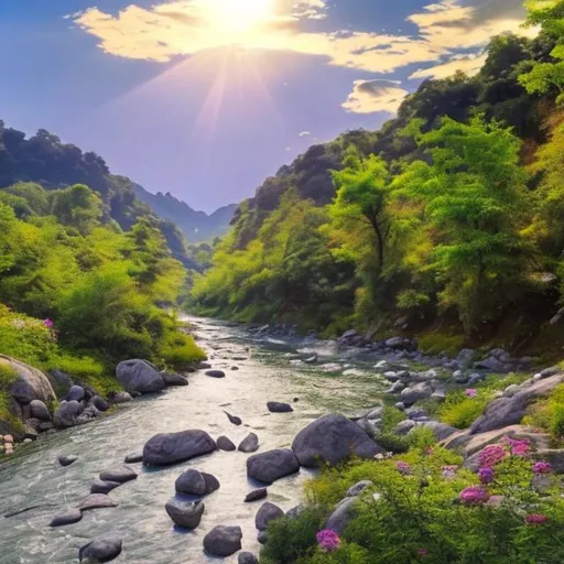 Prompt: a beautiful scenery with natural flowers surrounding a river. Rocks are at the edge of the river. Trees along the river with sun rising