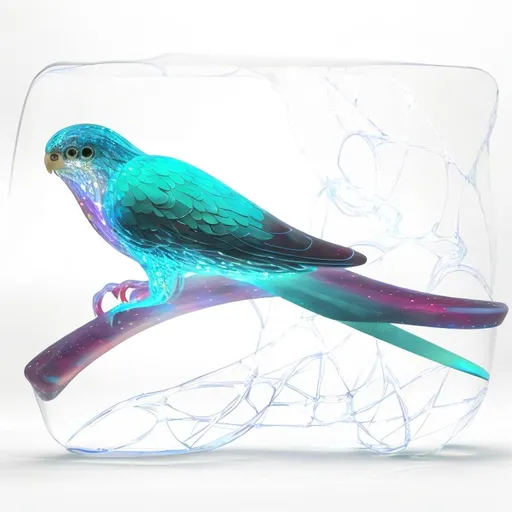 Prompt: A translucent Blue Quaker Parrot that is glowing, realistic, bioluminescent, metallic,  glitter, highres, best quality, concept art