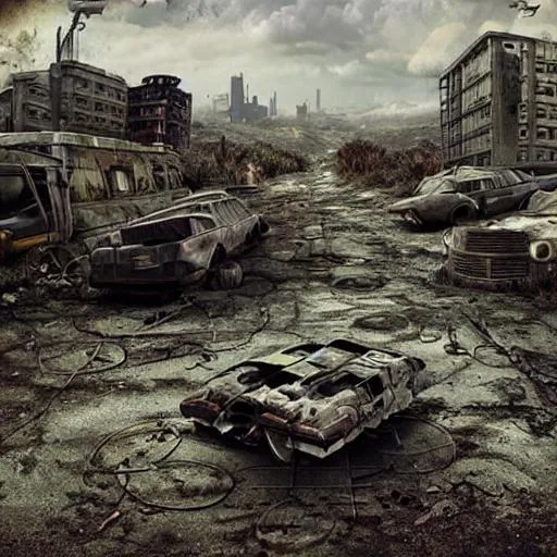 Prompt: post apocalyptic world, machines, rolling hills, run down city 