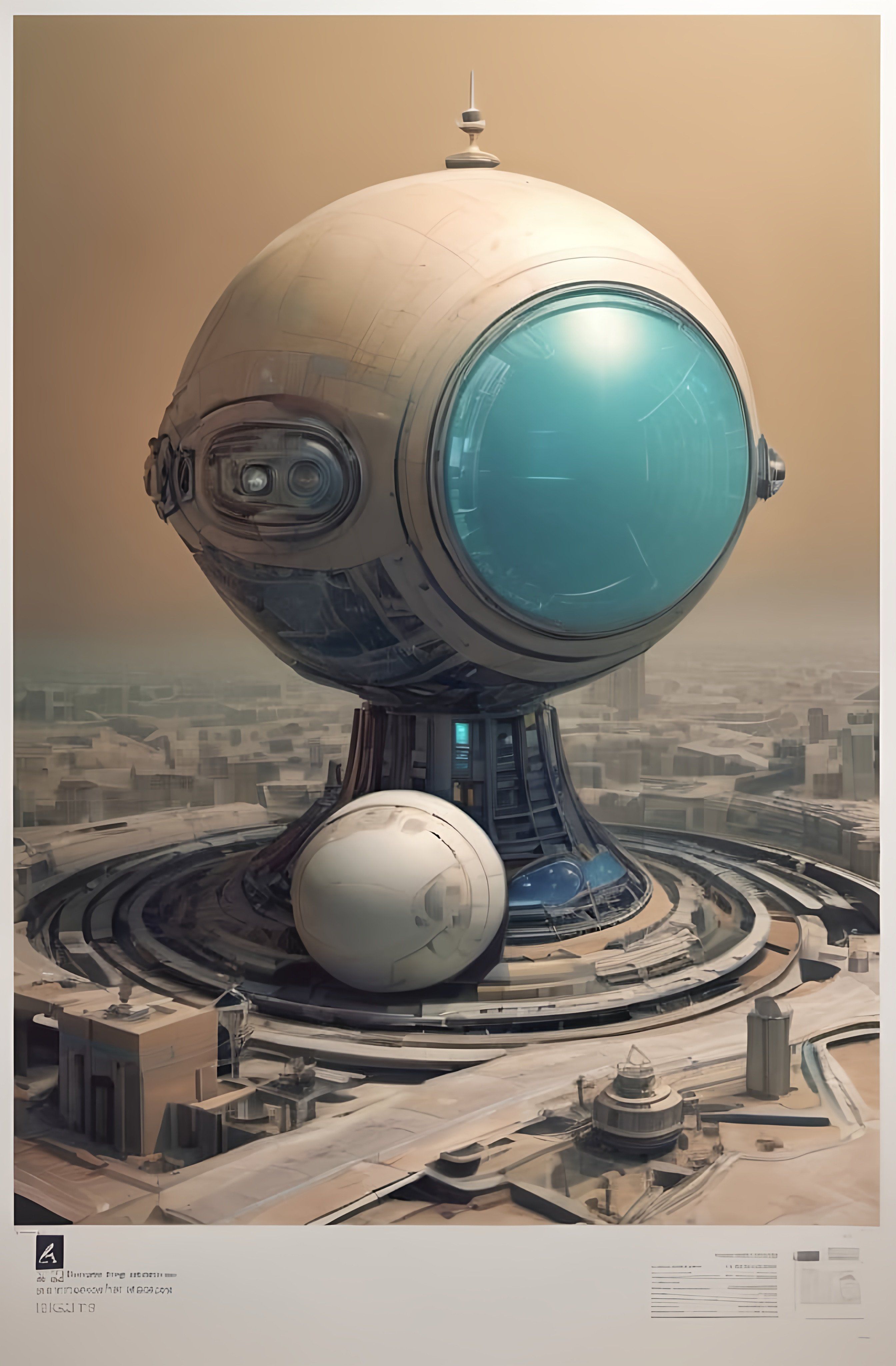 Prompt: a futuristic building with a blue sphere on top of it and a white ball on the ground below it