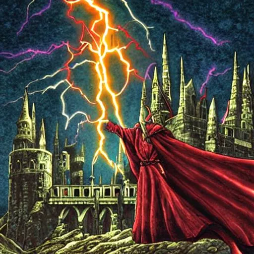 Prompt: Scenic colored horror illustration of occultist wizard wearing robe in front of gothic castle with lightning strikes in the night sky by Kentaro Miura