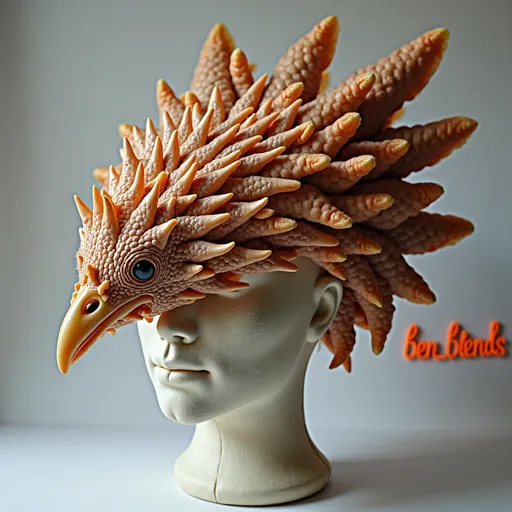 Prompt: A bizarre and striking Homburg hat design made entirely out of intertwined chicken feet. The classic shape of the Homburg, with its creased crown and slightly upturned brim, is crafted from layers of chicken feet, their scaly textures and bony structures creating a disturbing yet captivating visual. The intricate arrangement of the feet adds an eerie twist to the traditionally formal hat style. The hat rests on a featureless fabric head, and in the background, a sign with the words ("ben_blends") in orange paint is visible. Studio environment, high quality, sharp focus, minimal decorations, and a daring, grotesque design.