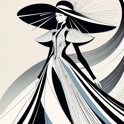 Prompt: A striking fashion illustration features a tall figure donned in an avant-garde ensemble, exuding a dramatic flair. The outfit, characterized by its elongated silhouette, is complemented by a wide-brimmed hat and features intricate details, such as a structured bodice and flowing trains that cascade down from the arms. The use of bold lines and geometric shapes at the hem adds a contemporary touch, while the sleek, minimal color palette enhances its sophistication. The overall composition evokes a sense of confidence and high fashion, hinting at a runway ready aesthetic that captivates with its unique blend of elegance and boldness. The colour them is off whait and black