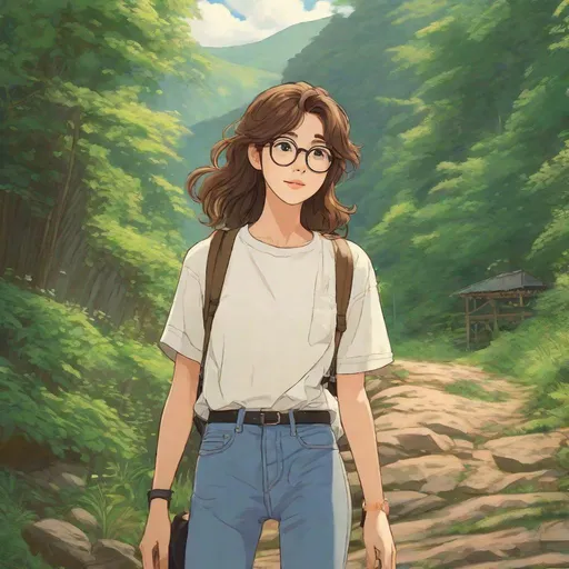 Prompt: Third person, gameplay, high quality, feminine man, wavy brown hair, brown eyes, glasses, glasses, nice shirt with cuffed jeans and converse sneakers, cool atmosphere, hiking on a scenic trail, cool atmosphere, anime style, manga style, Studio Ghibli, extremely detailed print by Hayao Miyazaki, 