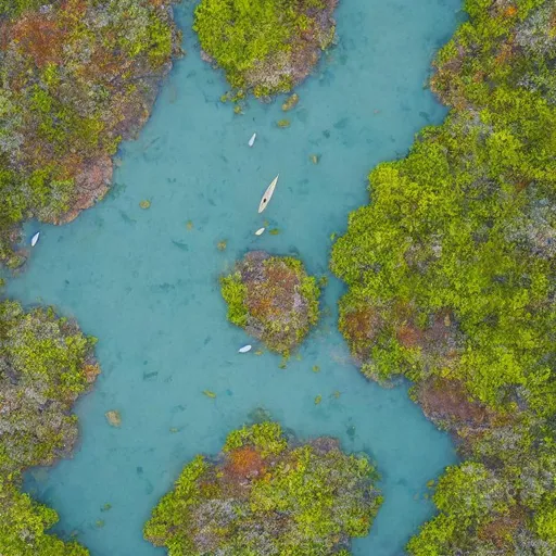 Prompt: a WATERCOLOUR PAINTING of an aerial view of a  small BOAT sailing a girl on it on a clear water river is subject. The trail of the sailing boat creates waves The river has some lotus flowers blooming here and there leaves. The water is so clear that the stones under the ever clearly show. super detailed, 8k, high quality, sharp focus, studio photo, intricate details, highly detailed.