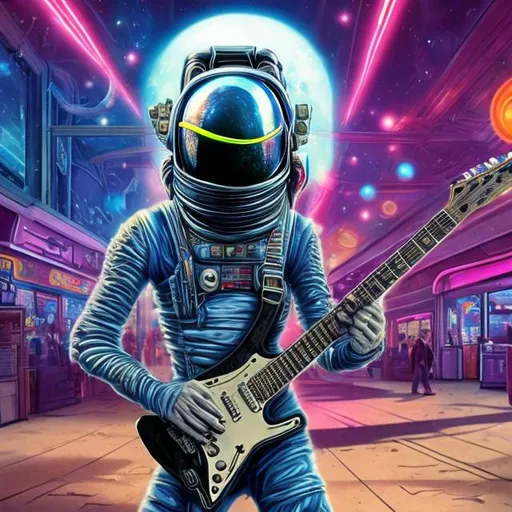 Prompt: Alien Astronaut playing a double-necked Guitar for spare change in a busy alien mall, widescreen, infinity vanishing point, galaxy background, surprise easter egg