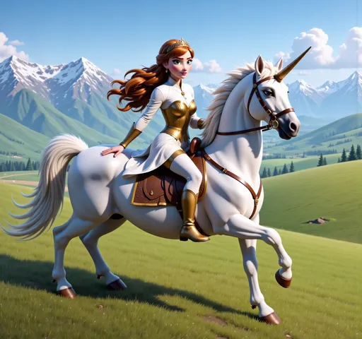 Prompt: a woman in a white and gold suit of armor wearing a tiara on her head riding a unicorn on rolling plains of grass with mountains behind her, Anne Stokes, fantasy art, fantasy artwork, a detailed painting