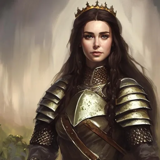 Prompt: fantasy handsome brunette queen wearing modest armor
epic painting 