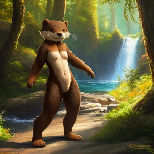 Prompt: Full-body detailed masterpiece, fantasy, high-res, quality upscaled image, perfect composition, subject of this image is a bipedal female otter, brown fur, athletic body, 18k composition, 16k, 2D image, cell shaded, otter, athletic torso, forest background, female chest; using renamon as the body,  otter face features, busty chest,