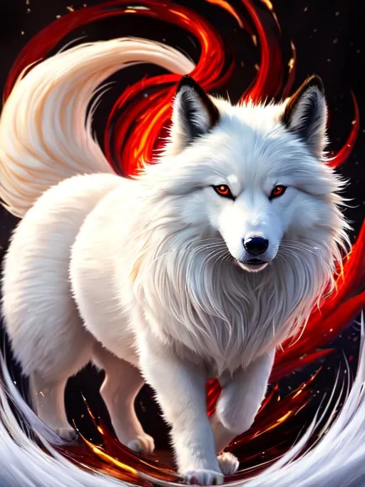 Prompt: 8k, 3D, UHD, masterpiece, oil painting, best quality, artstation, hyper realistic, perfect composition, zoomed out view of character, Portrait of a (beautiful Ninetales), {canine quadruped}, deep sinister crimson eyes, ageless, lives a thousand years, thick glistening gold-white fur, small pointy white ears, wearing a beautiful (silky scarlet and gold scarf), thick white mane with fluffy golden crest, golden fur lighlights, studio lighting, animated, sharp focus, intricately detailed fur, sharp detailed eyes, beautifully detailed face, beautifully detailed background, ambient golden light, nine beautiful tails with pale orange tips, insanely beautiful, symmetric, sharp focus, professional, unreal engine, high octane render, highly detailed mouth, highly detailed pastel pink clouds, Yuino Chiri