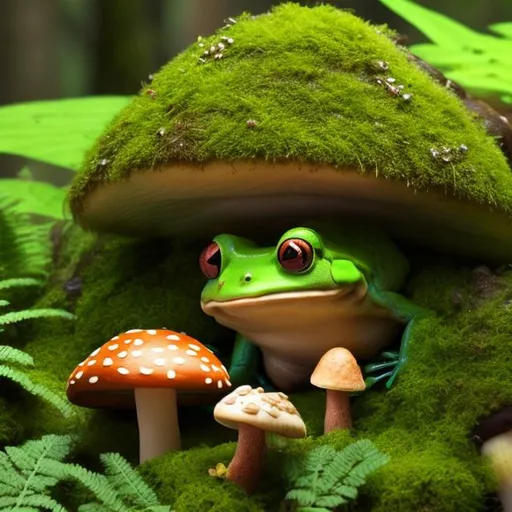 Prompt: a cartoon frog foraging for mushrooms in a redwood forest with moss and ferns
