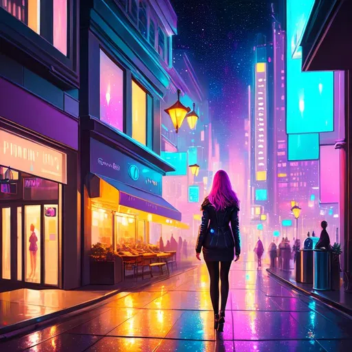 Prompt: painting of a woman, nighttime, city street, galaxy, soft light, pastel colors, muted color scheme, art, painting, sweet, fireflies  cyberpunk