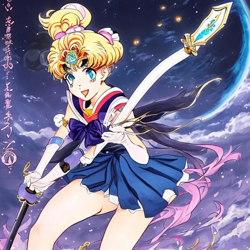 Prompt: Sailor moon incredibly detailed wielding a staff in the moon kingdom in an ukiyo-ye style 