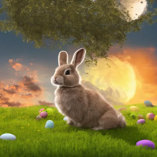 Prompt: cute easter bunny, 3d blender render, green field with easter eggs around, mountains, sunset