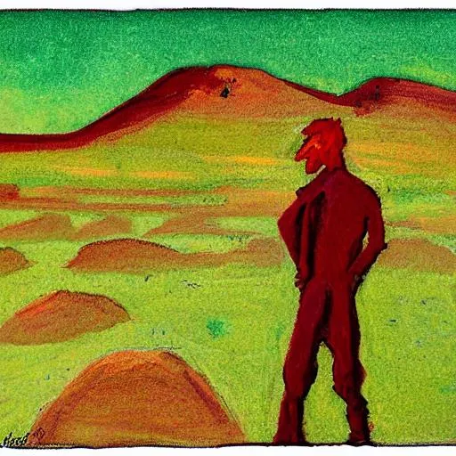 Prompt: Redheaded man on a green, Martian landscape