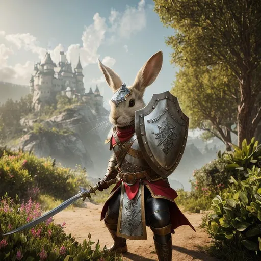 Prompt: adventurous rabbit dressed in leather armor wielding a rapier in one hand and a shield in the other highly detailed, fine complex micro-details, 8k, volumetric lightning, ethereal light, extremely detailed, octane rendering, hyperrealistic, unreal engine