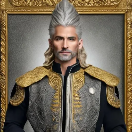 Prompt:  An intricately detailed Oil Painting of A blonde and little but grey, very rugged yet very very handsome 36 year old King  with mostly blonde hair and a little bit of grey starting to show around his temples. A Very gorgeous MALE with strong, athletic physique, extremely attractive king with a disarming smile wearing an impressive gold and diamond crown. Dressed in white and gold highly ornate formal royal dress clothing. Epic perspective. Digital art. Masterpiece quality. Fantasy art. Hyper detailed. 