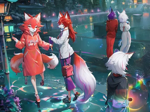 Prompt: A dreamlike state of color clean lines, pastel high contrast of an anthro fursona adult female furry red fox wearing a purple cozy hoodie with constellations adorning the sleeves who's rainbow and in the light, main color red and blue, surface like an oil spill, high detail, full animal, artstation, splash of color, dynamic lighting full body in frame