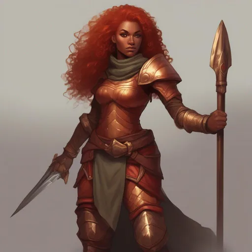 Prompt: dnd a dwarvern woman with red fiery curly hair with dark tan skin wearing bronze armor
